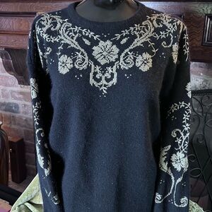 Vintage Wool Herman Geist Black and Gold Hand Embroidered Sweater, Size L